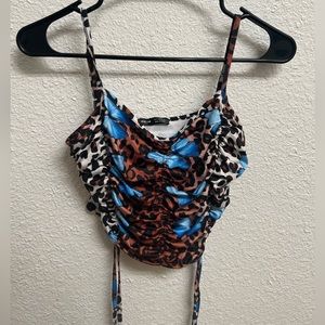 Drawstring Knot Butterfly & Leopard Cami Top
